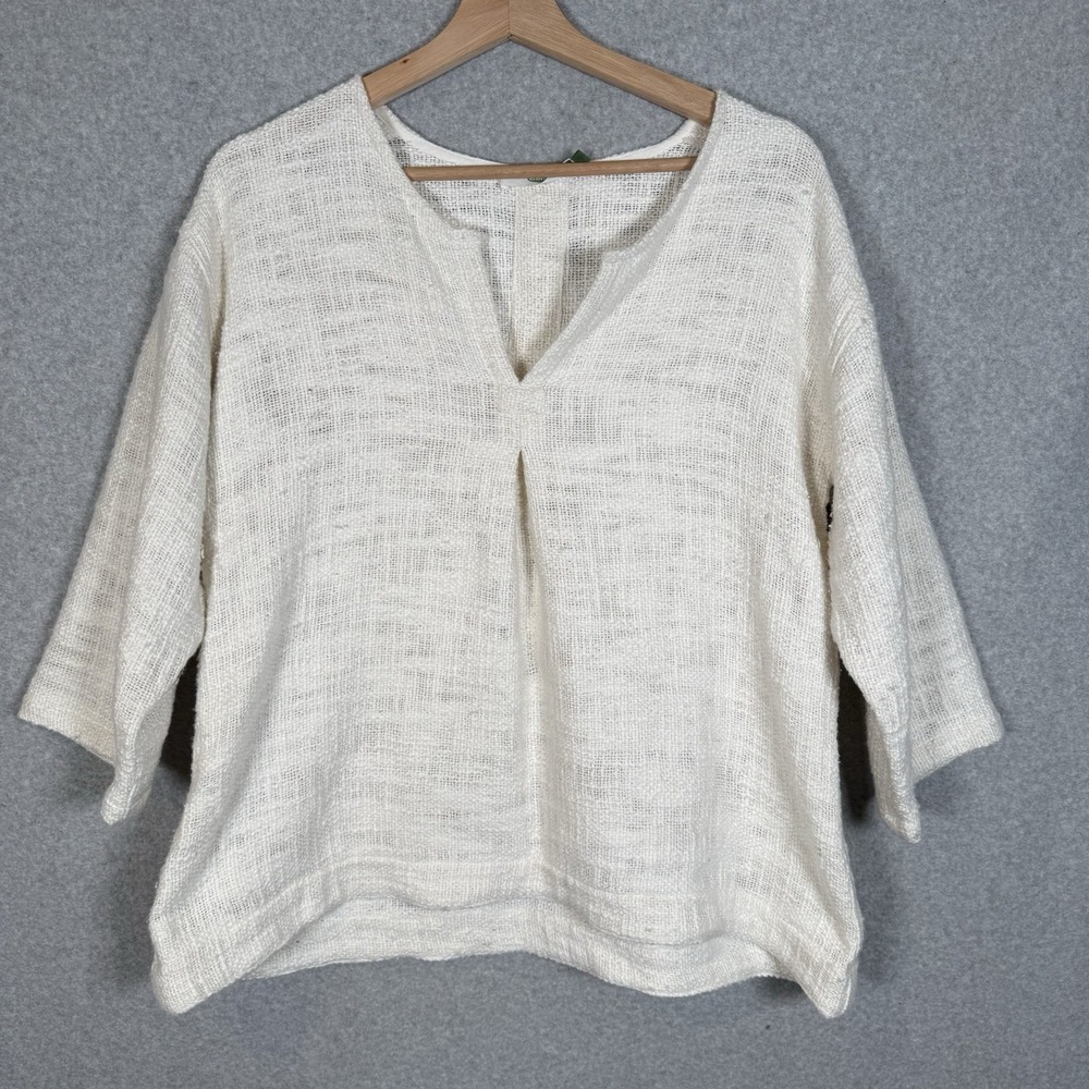 Dolma Top Womens L/XL Cotton Ivory Pullover Popover Shirt V Neck